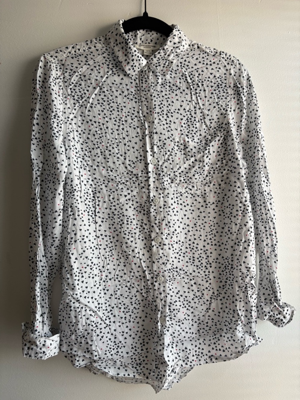 White Button-Down Shirt with Black Heart Print